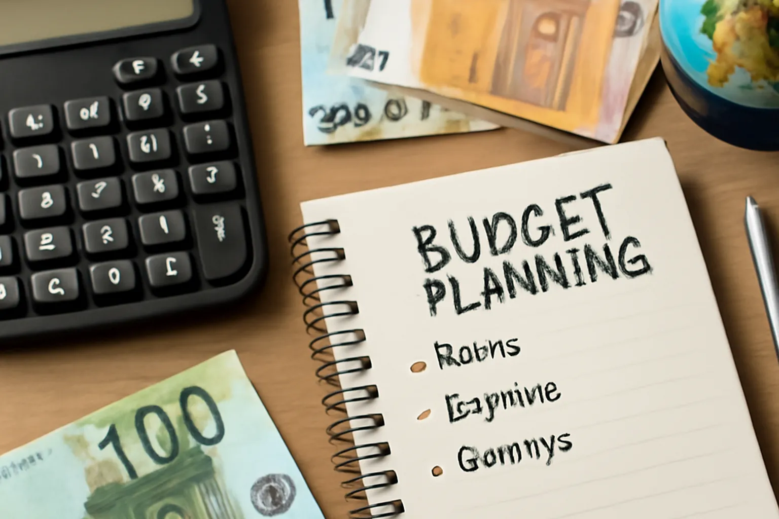 Calculatrice, billets d'avion et passeport sur un bureau — budget réel d'une démarche de rencontre sérieuse avec une femme russe en 2026