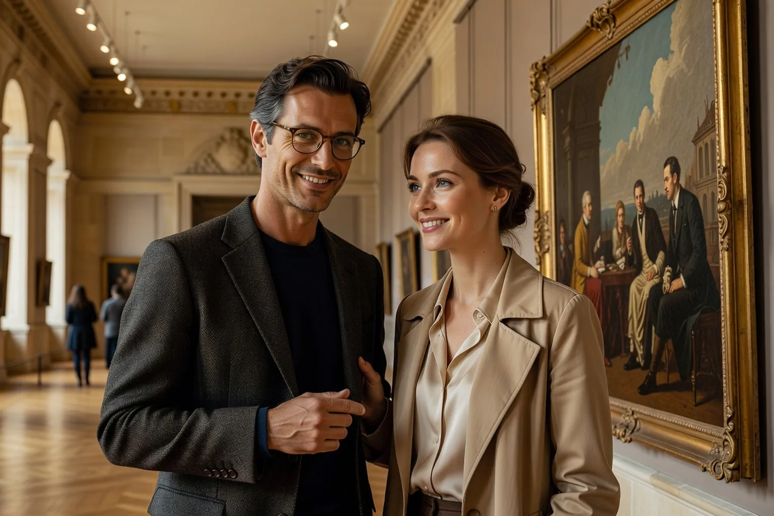 Couple franco-russe à un événement culturel, complicité et sourires naturels