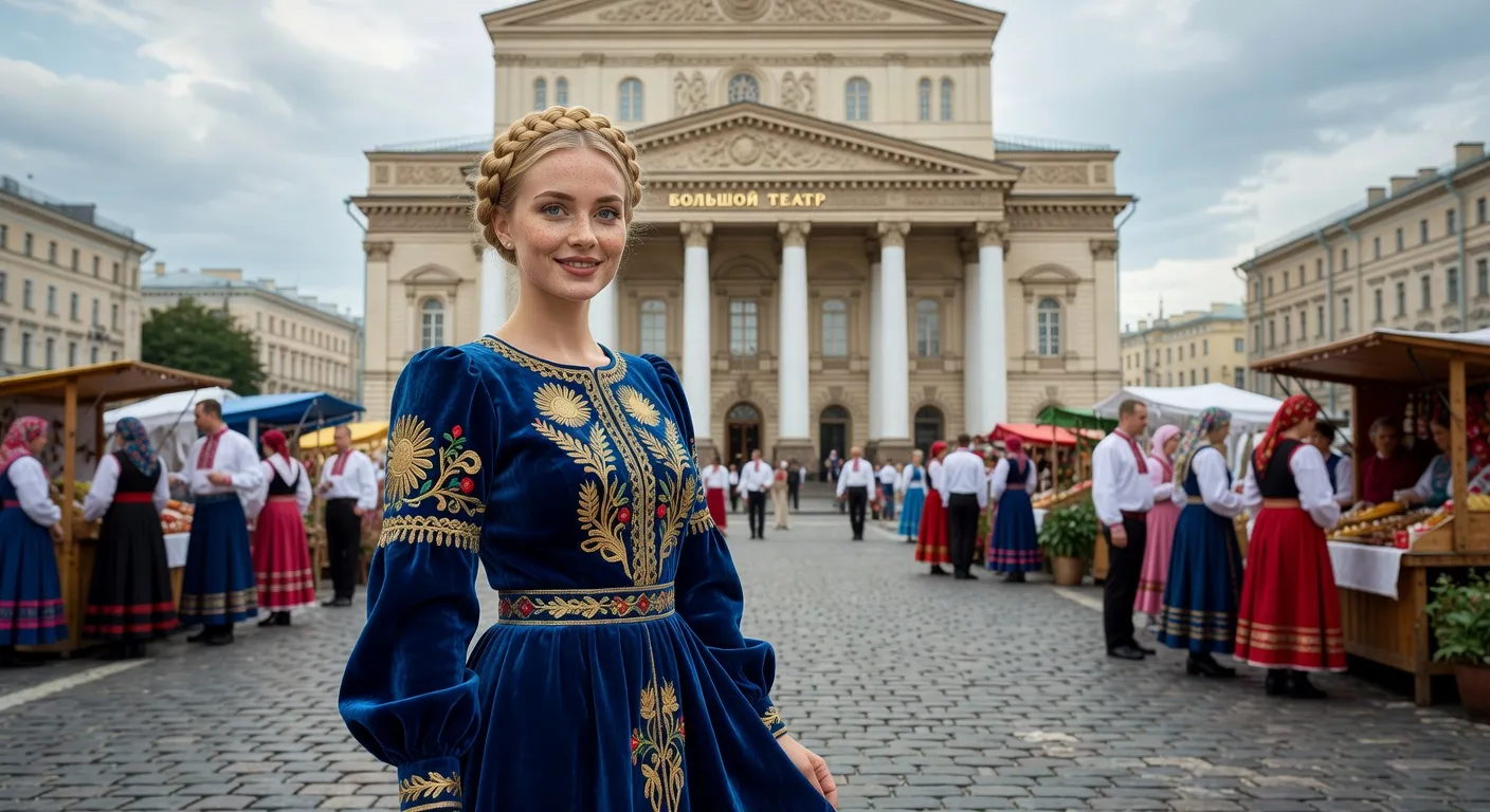 Femme russe en robe elegante lors d un evenement culturel a Moscou pres du theatre du Bolchoi