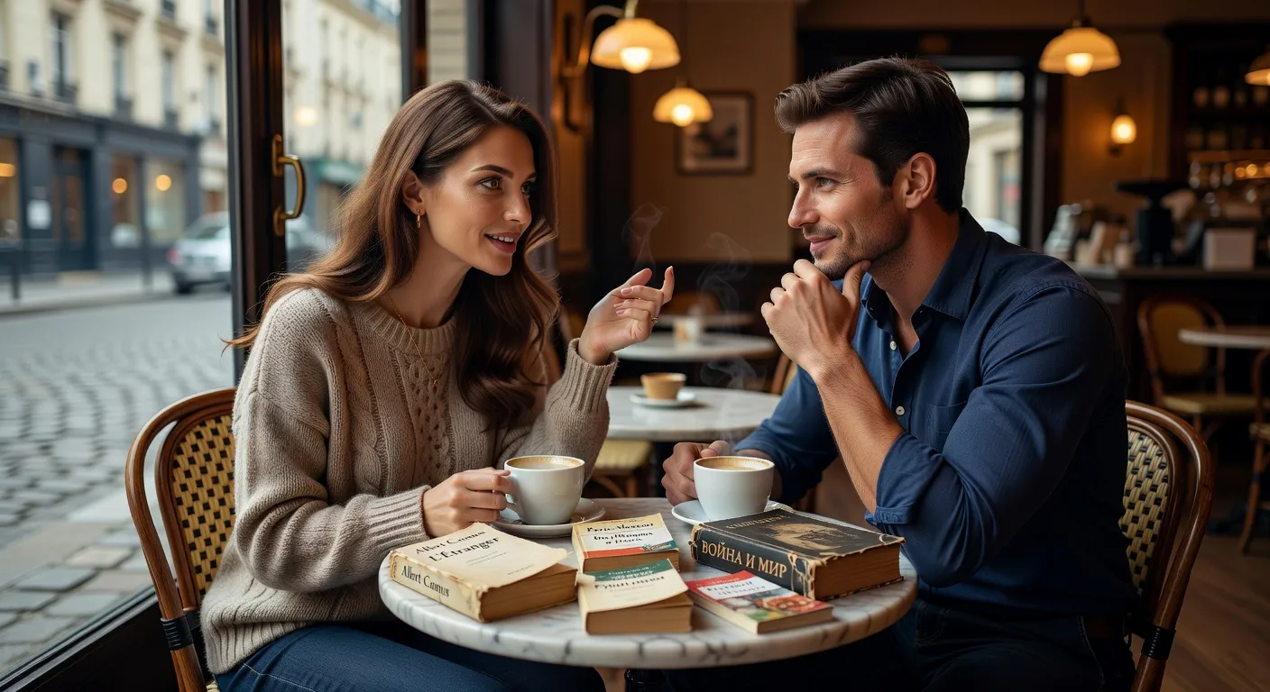 Couple franco-russe discutant dans un cafe parisien avec des livres de russe et de francais sur la table