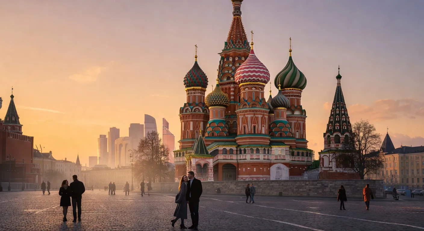 Vue panoramique de Moscou avec la cathedrale Saint-Basile au coucher du soleil — La Place Rouge a Moscou pour le premier baiser : guide roman