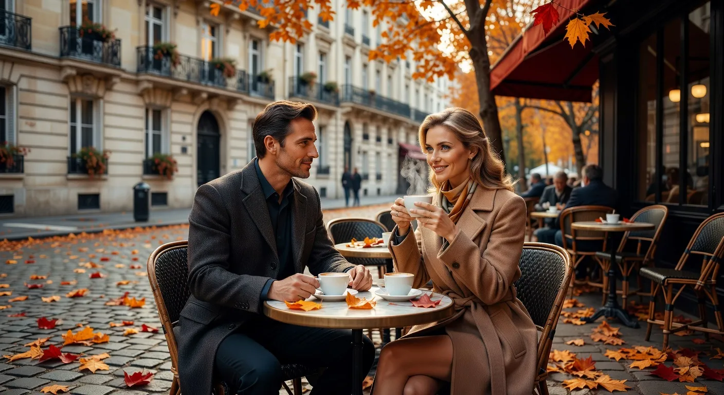 Rencontre entre un homme europeen et une femme slave dans un cafe parisien — Rencontrer une femme russe en France en 2026 : guide complet