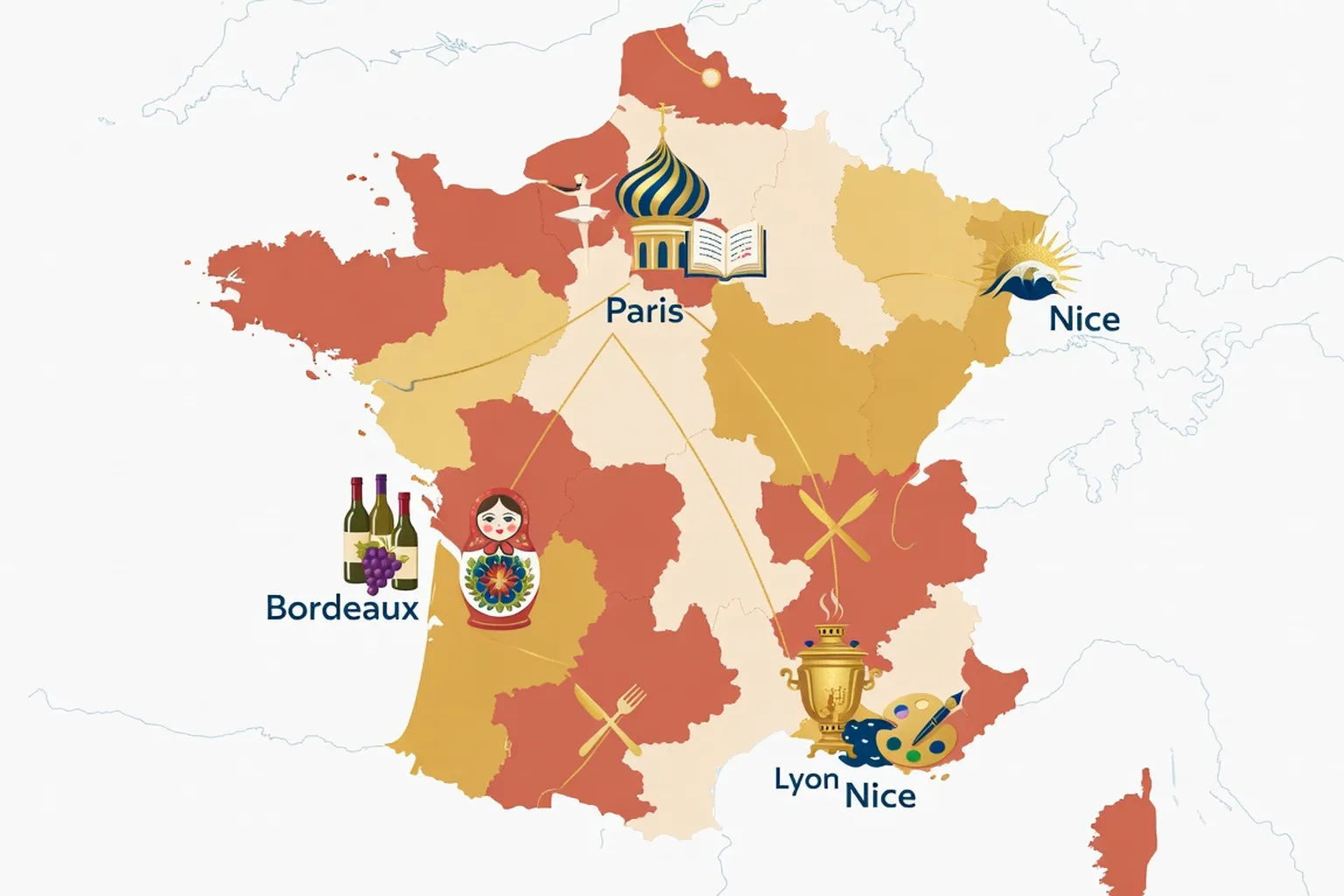 Carte de France avec les villes à forte communauté russe