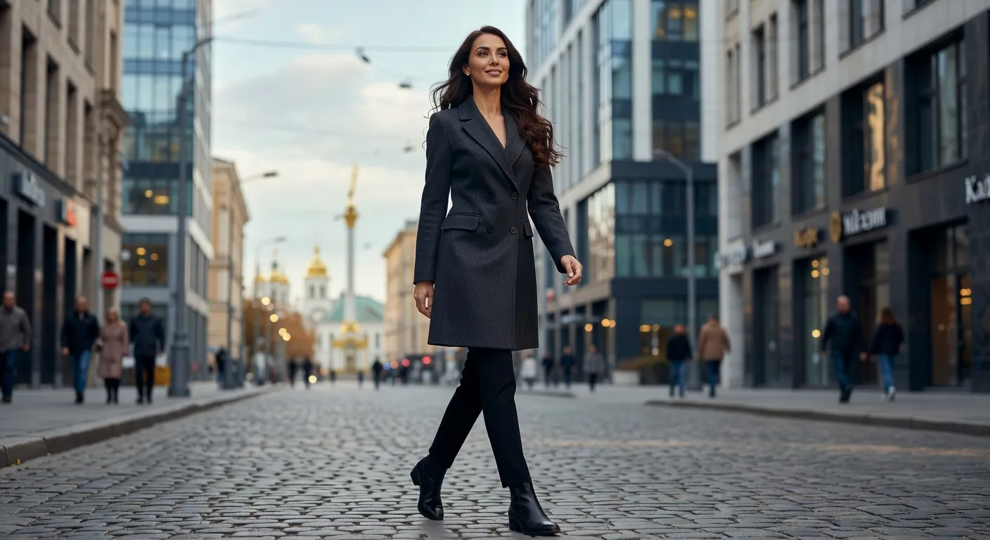 Femme ukrainienne elegante marchant dans les rues modernes de Kiev avec assurance