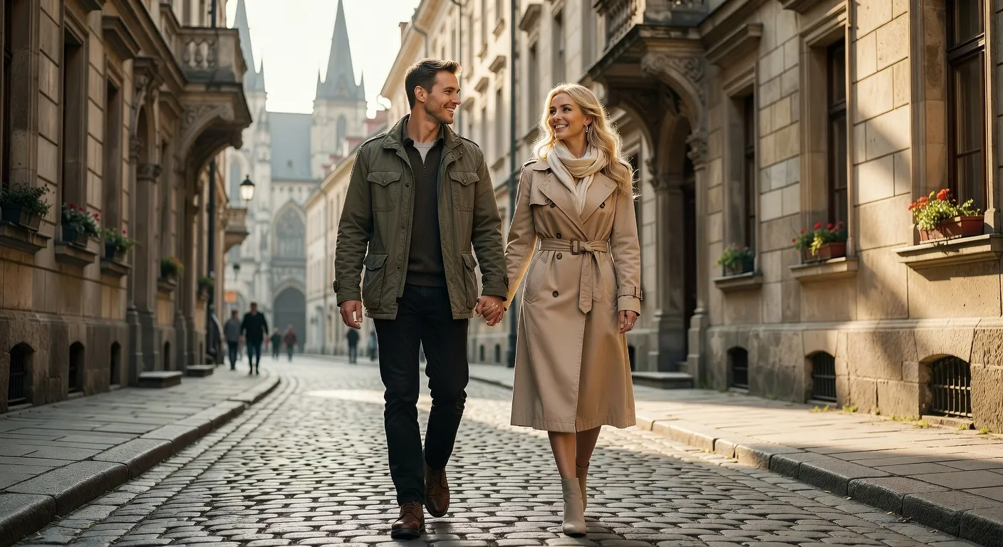 Couple international heureux marchant main dans la main en ville — Une femme russe coute-t-elle vraiment cher ? Analyse complet