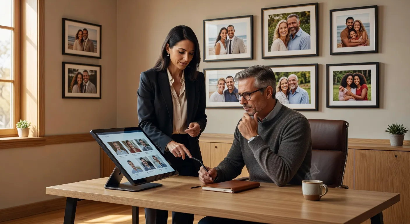 Bureau d agence matrimoniale internationale avec consultant aidant un homme a choisir un profil