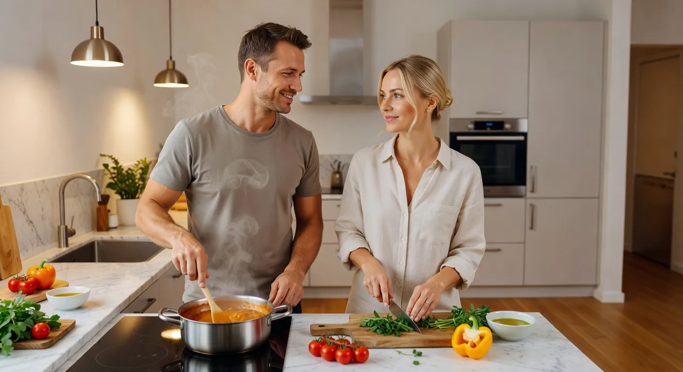 Couple franco-russe cuisinant ensemble dans une cuisine moderne — Les Arabes sont très intéressés par les femmes russes.