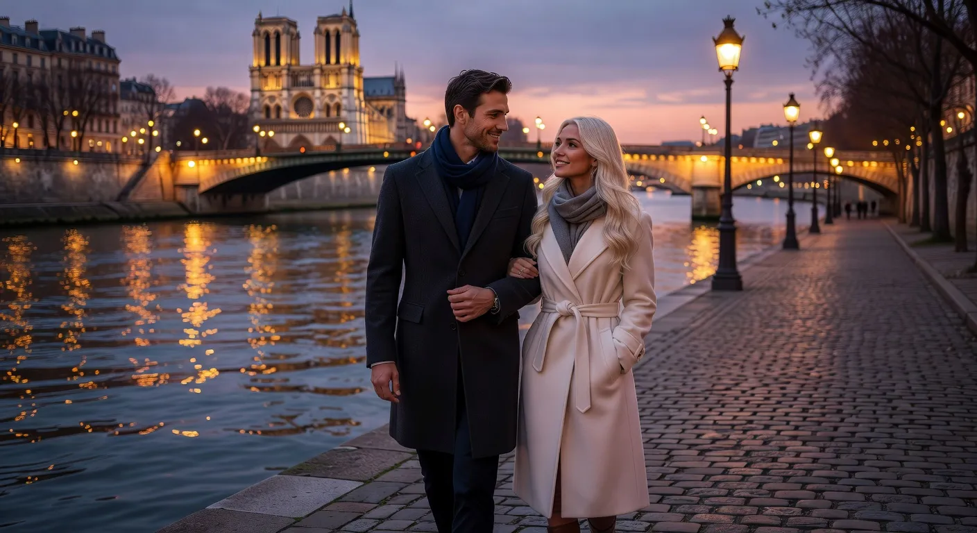 Promenade romantique d'un couple franco-russe au bord de la Seine — Guide complet : comment rencontrer une femme russe serieuse 