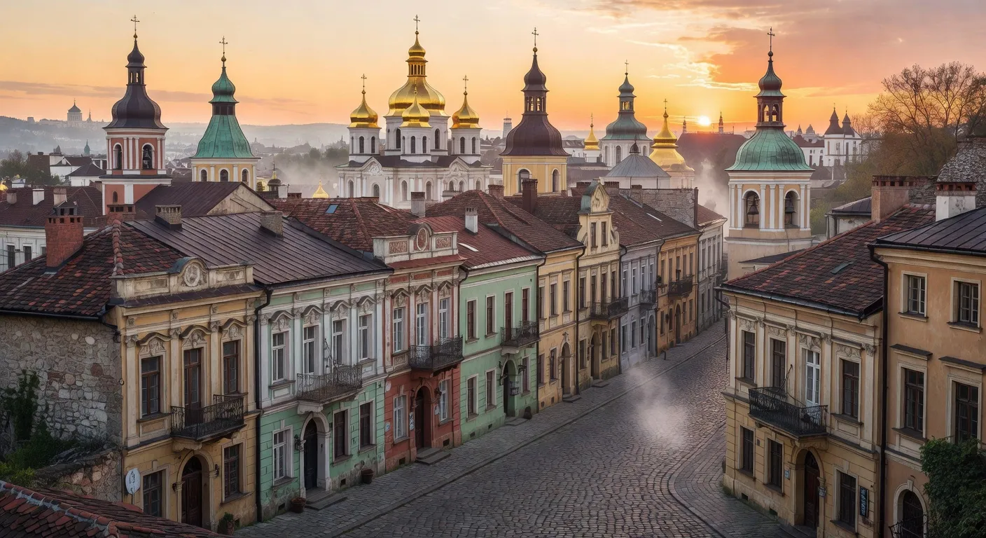 Vue panoramique de Kiev ou Lviv avec batiments historiques — Des troupes russes à la frontière avec l'Ukraine. Faut-il s'