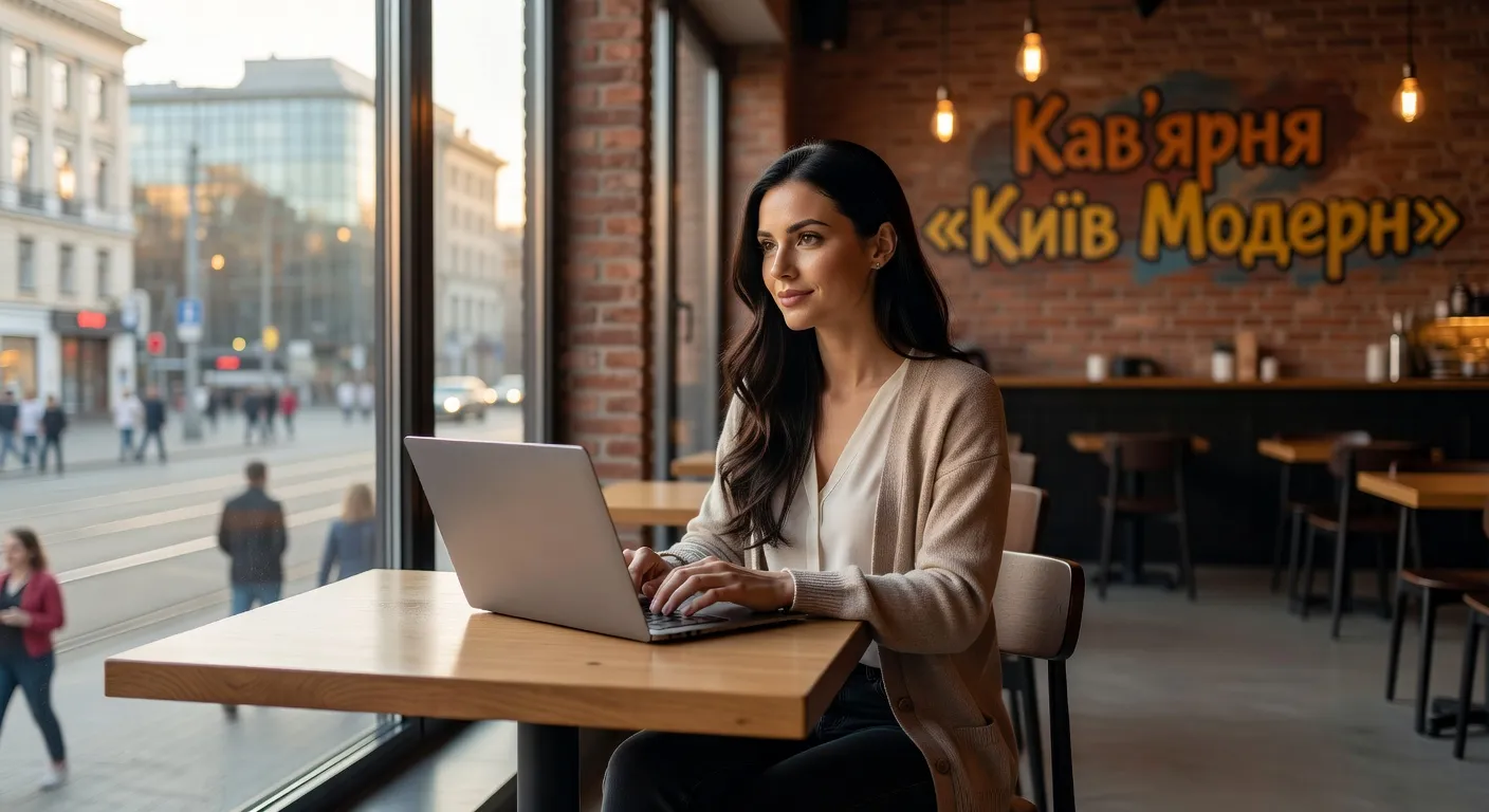 Femme ukrainienne dans un cafe moderne de Kiev utilisant un ordinateur portable pour s inscrire sur un site de rencontre