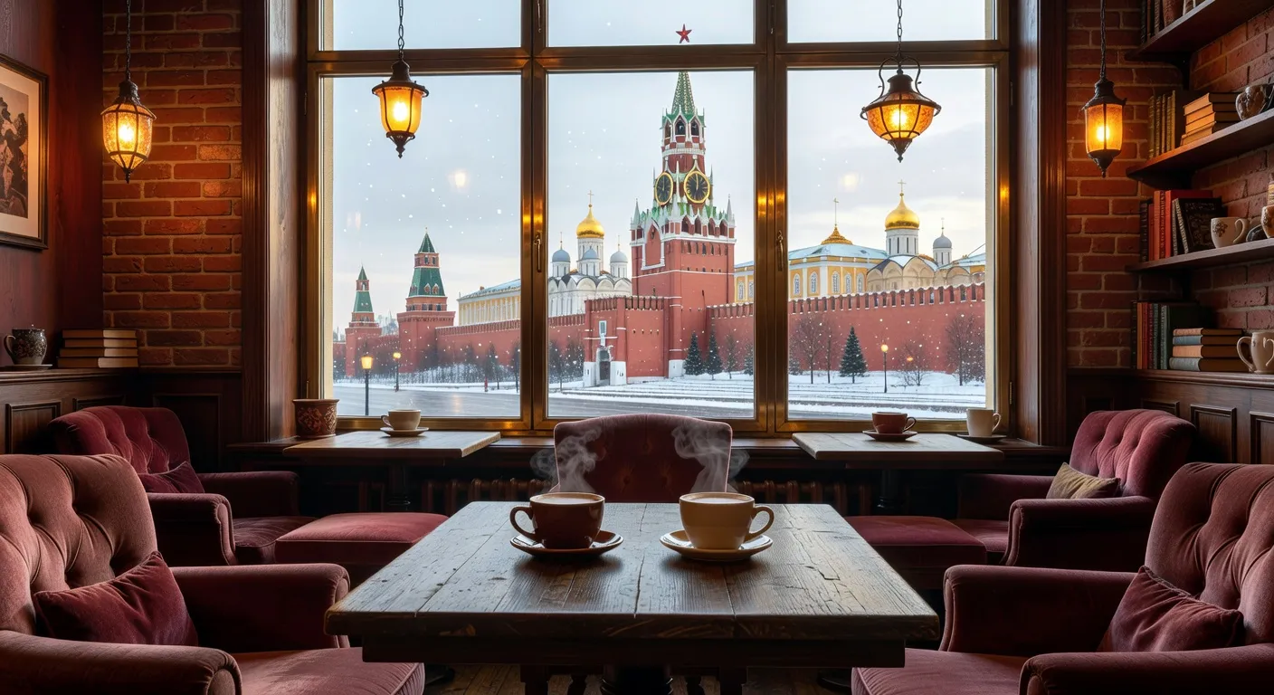 Cafe chaleureux a Moscou avec vue sur le Kremlin — La Place Rouge a Moscou pour le premier baiser : guide roman