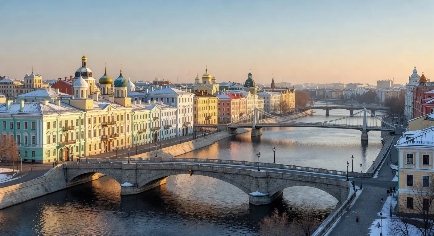 Panorama d'une ville russe avec riviere et ponts historiques — Les filles russes de Siberie : beaute, caractere et traditio