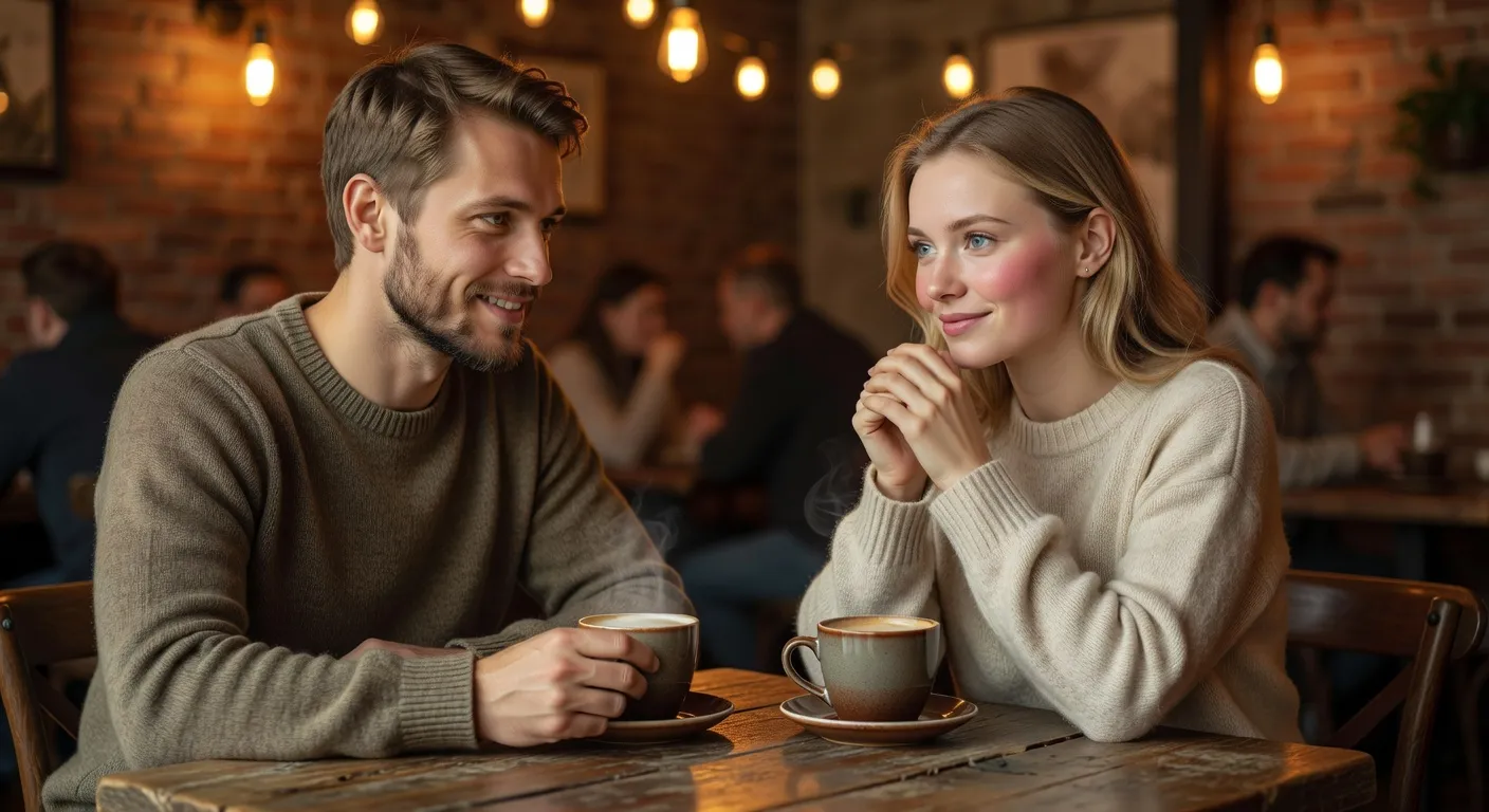 Homme europeen et femme slave se rencontrant pour la premiere fois dans un cafe chaleureux