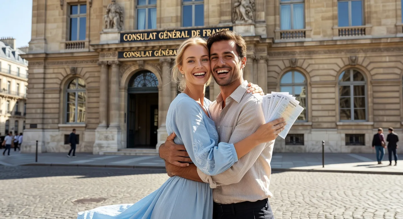 Couple franco-russe celebrant l obtention d un visa devant un consulat