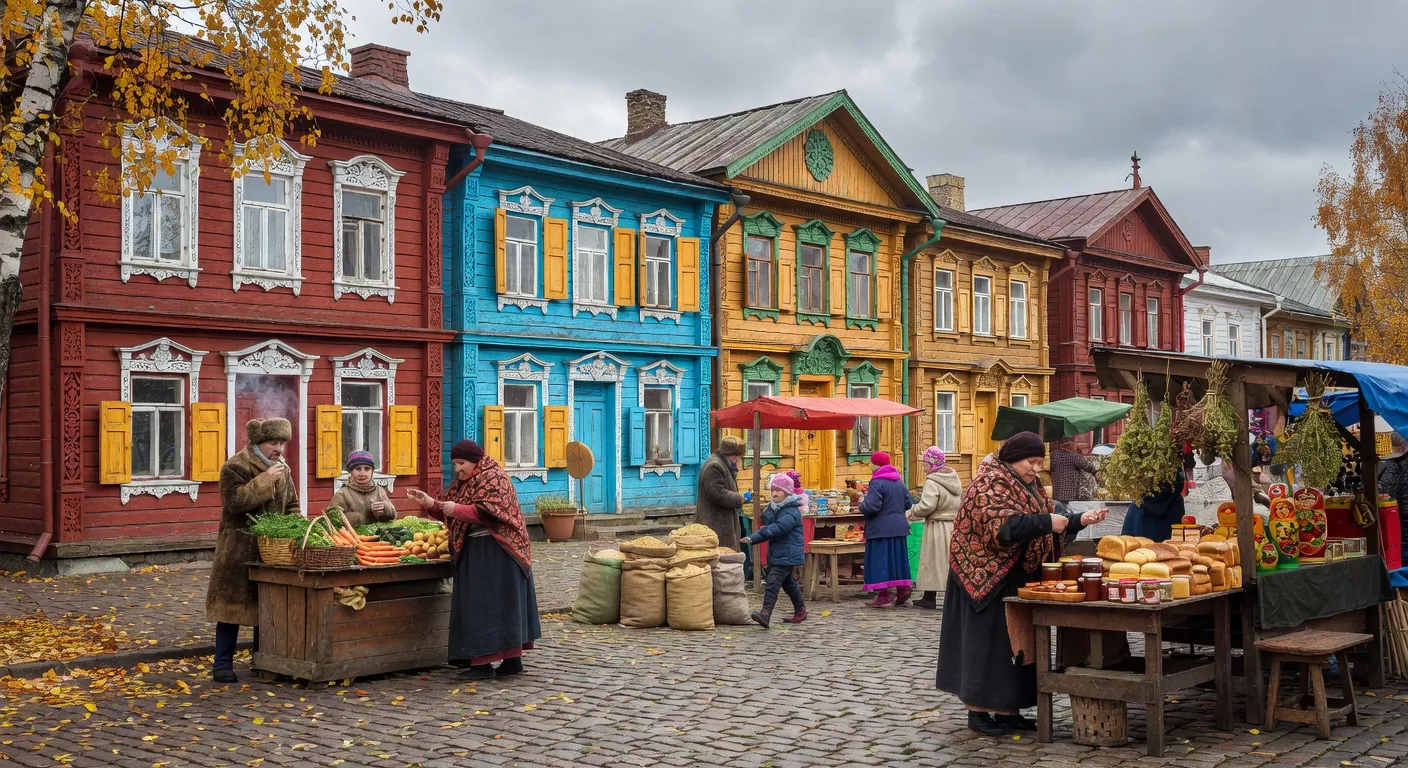 Place de marche traditionnelle dans une ville russe — Les filles russes de Siberie : beaute, caractere et traditio