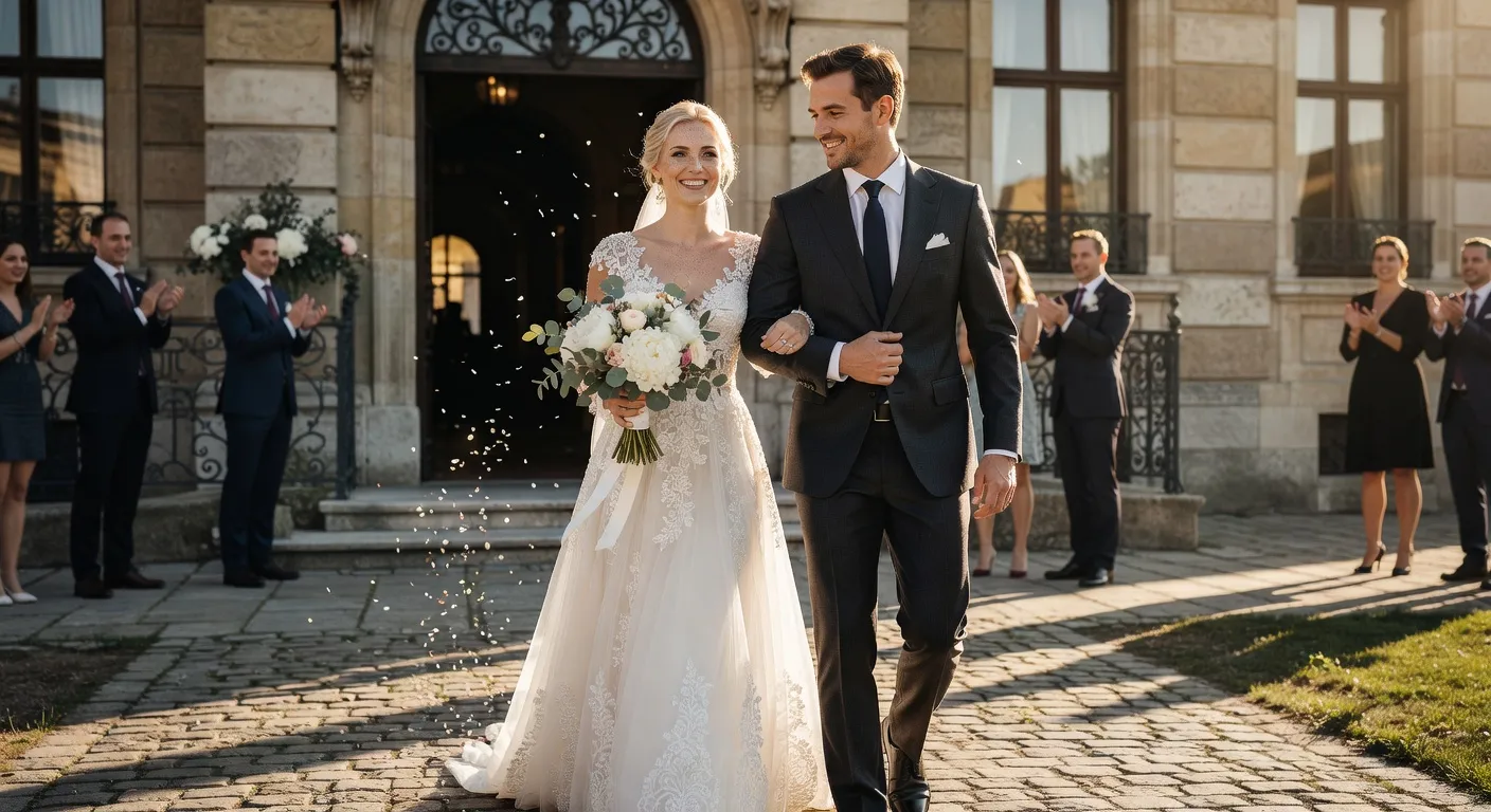 Couple franco-russe sortant de la ceremonie de mariage — Femme russe pour mariage : le guide complet pour les hommes 