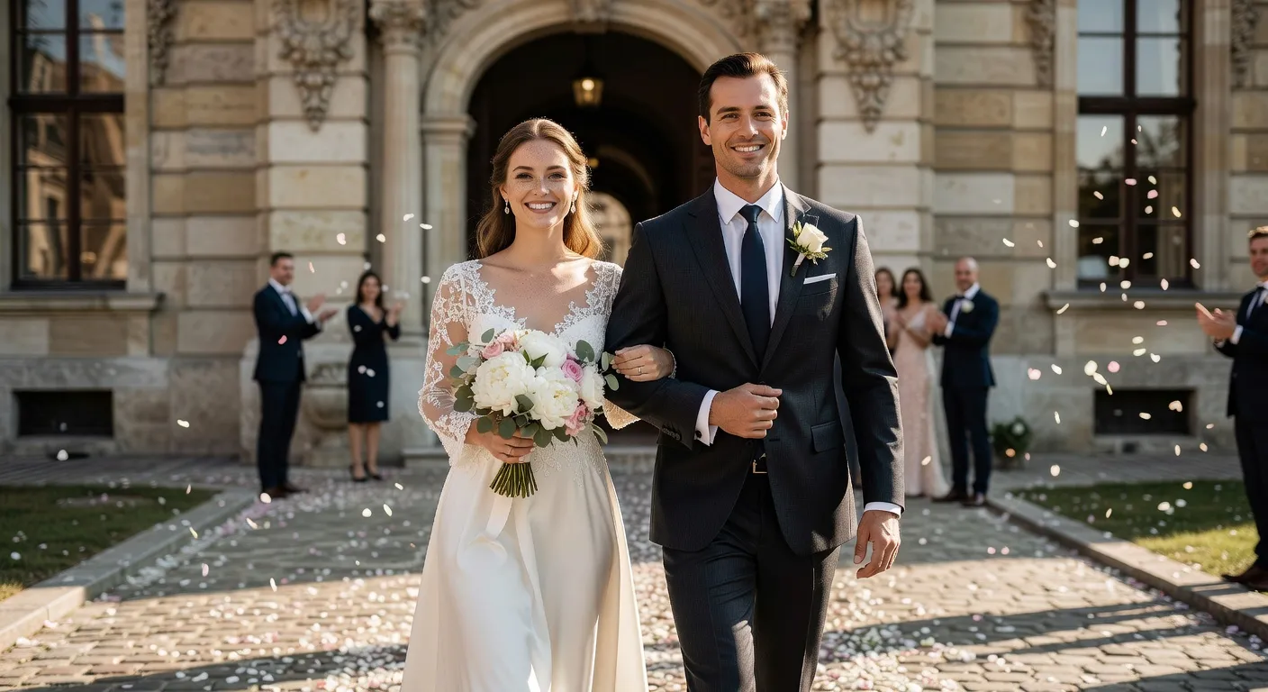 Couple franco-russe sortant de la ceremonie de mariage — Mariage franco-russe : guide etape par etape, de la rencontr