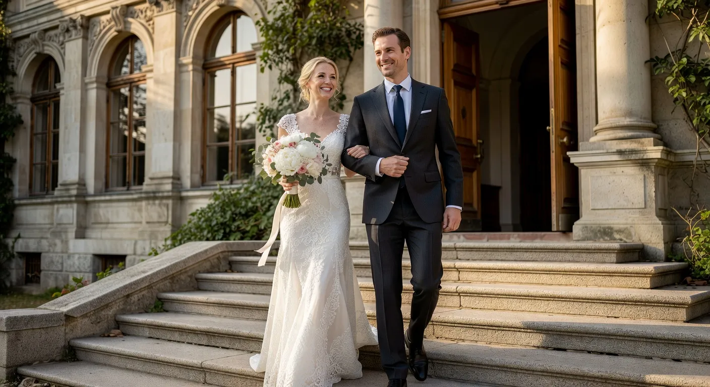 Couple franco-russe sortant de la ceremonie de mariage — Témoignages de femmes russes mariées à des étrangers : 4 his