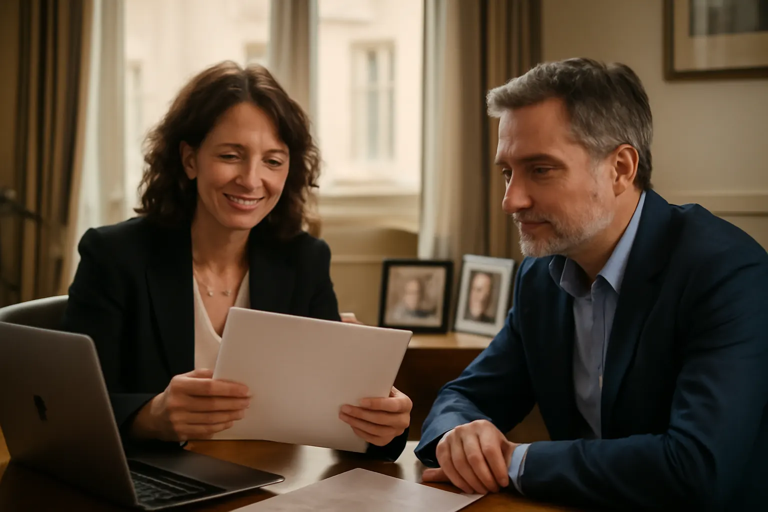 Consultante d'une agence matrimoniale russe présentant un dossier de profil à un client français