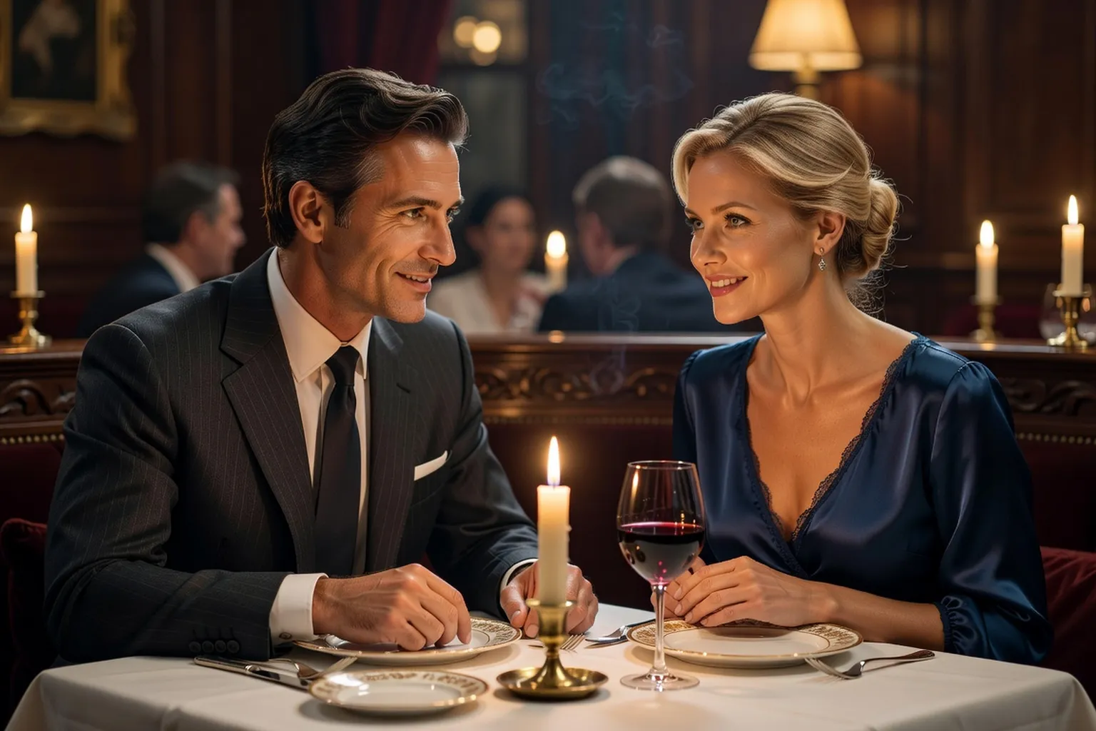 Homme français et femme russe lors d'un dîner romantique aux chandelles, connexion authentique