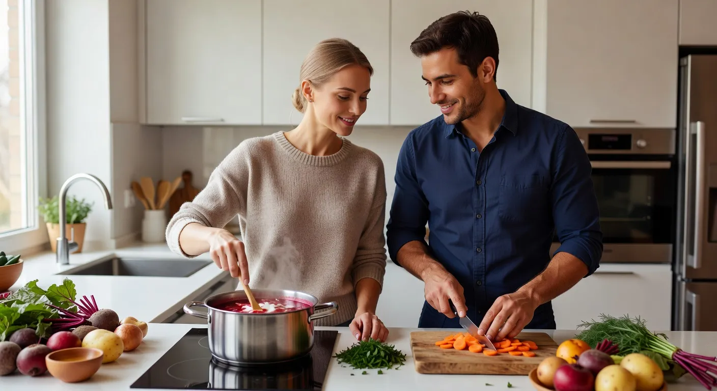 Couple franco-russe partageant un repas traditionnel russe dans un appartement chaleureux