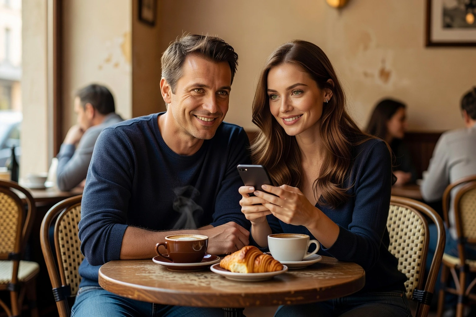 Couple franco-russe souriant dans un café parisien, la femme montre quelque chose sur son smartphone