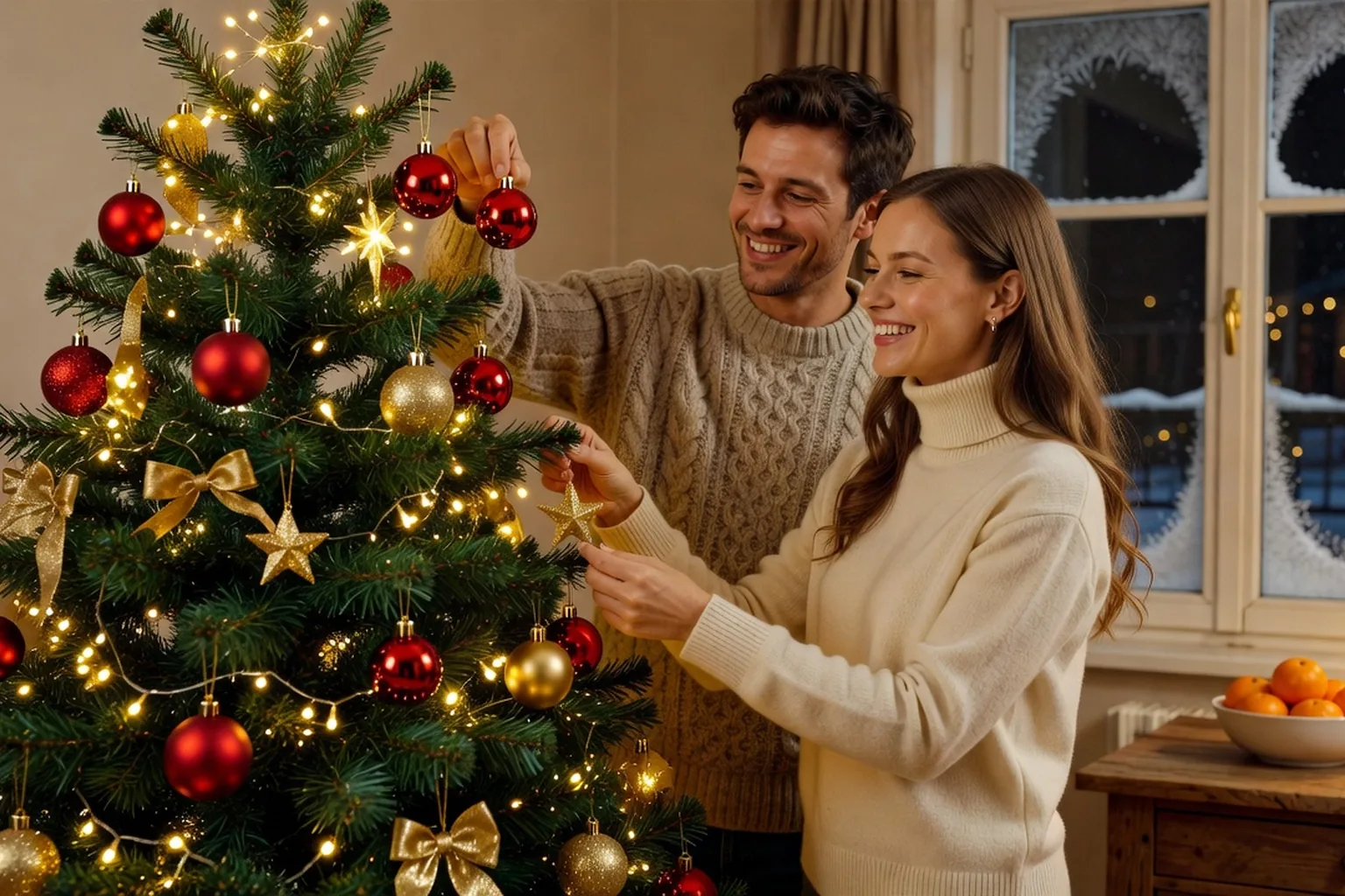 Couple franco-russe décorant un sapin de Noël dans un salon lumineux, guirlandes et décorations rouges et dorées