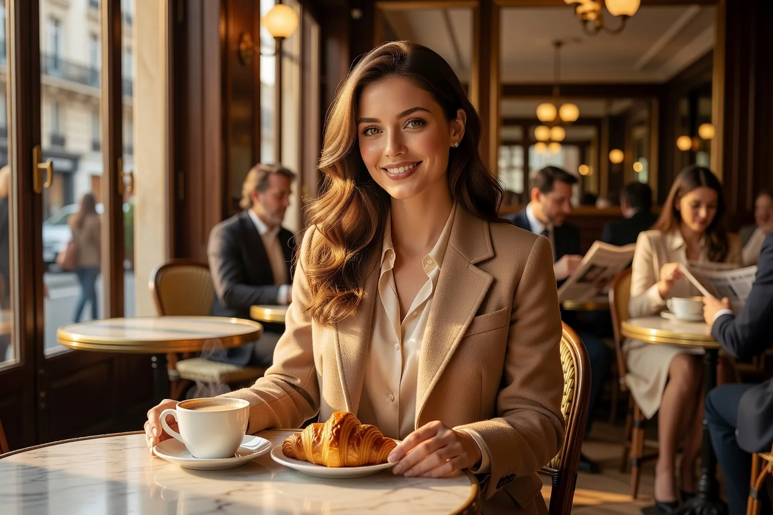 Femme russe élégante dans un café parisien, lumière dorée, sourire chaleureux