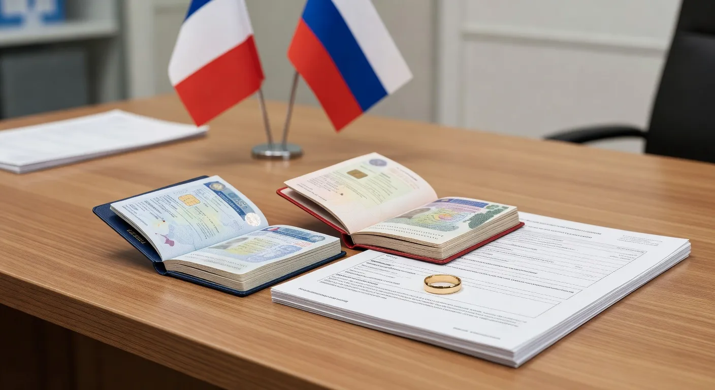 Couple franco-russe consultant des documents administratifs ensemble dans un bureau lumineux